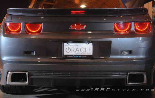 Rear end of a Chevrolet Camaro with Illuminated LED Rear Bowtie Emblem installed.