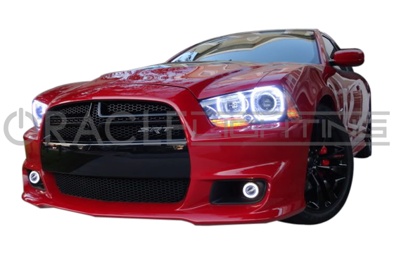Front end of a Dodge Charger with white LED headlight and fog light halo rings installed.