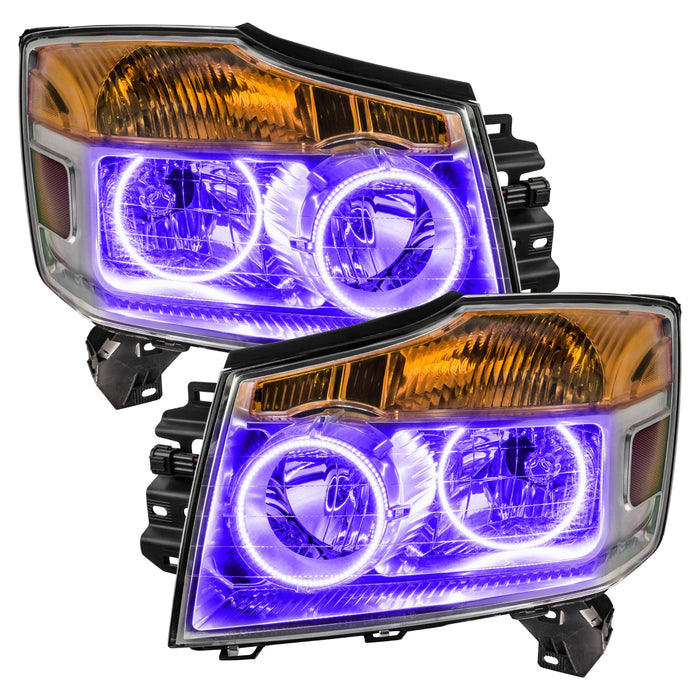 Nissan Armada headlights with purple LED halo rings.