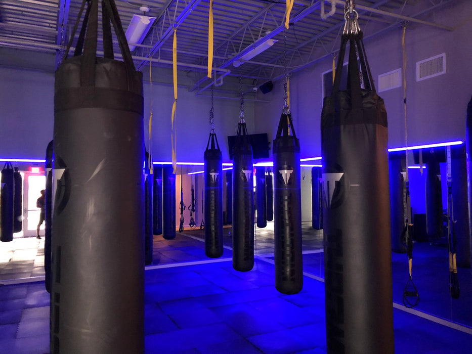 Workout room with blue LED lighting strips above the mirrors.
