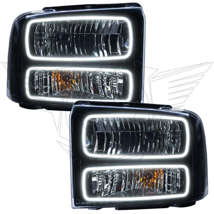 2005 Ford Excursion Pre-Assembled Halo Headlights - Black Housing with white LED halos.