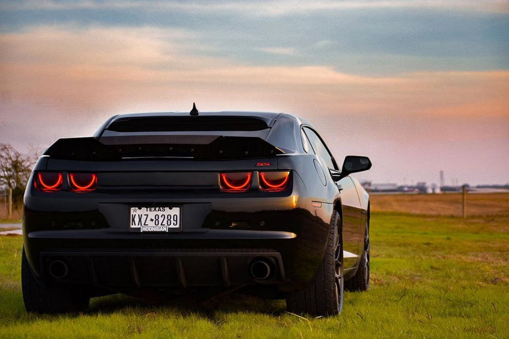 Rear end of a Chevrolet Camaro with Afterburner Tail Light halos installed.