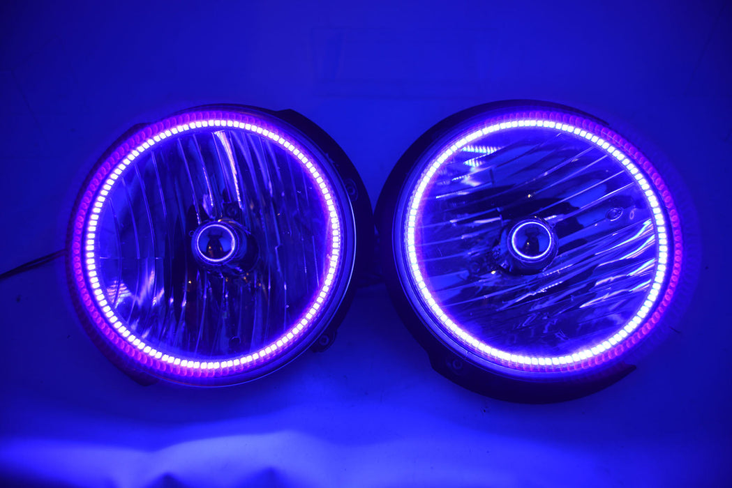 2007-16 Jeep Wrangler Headlights ORACLE with Ultraviolet Purple SMD Halos Installed