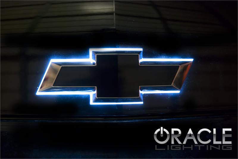 Close-up of Illuminated LED Rear Bowtie Emblem installed on a Chevrolet Camaro.