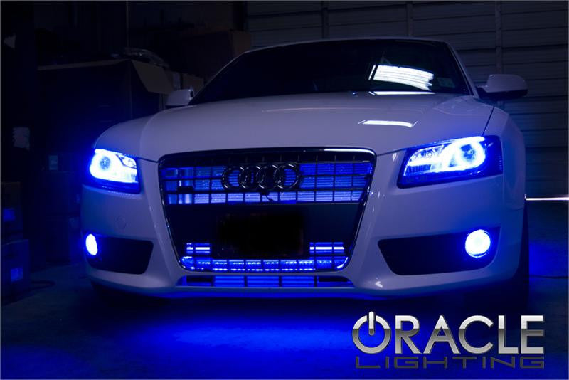 Front end of an Audi A5 with blue LED headlight and fog light halo rings installed.