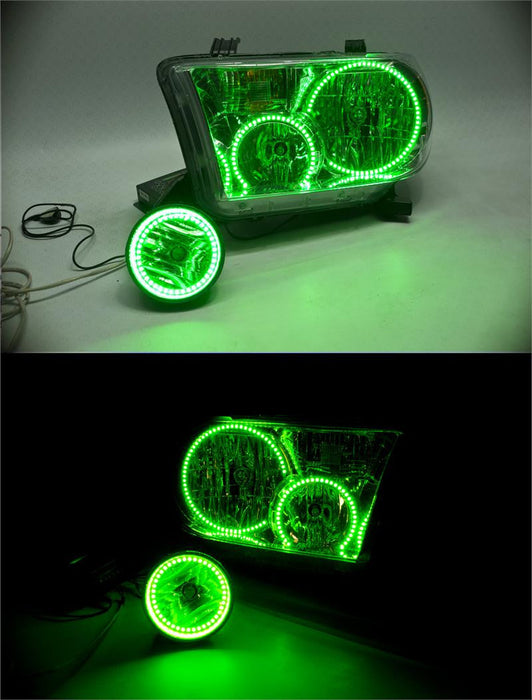 2008-2016 Toyota Sequoia LED Headlight Halo Kit with green LED halos.