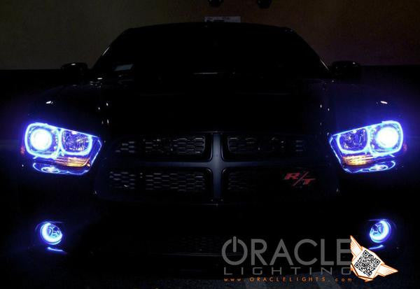 Front end of a Dodge Charger with white LED headlight and fog light halo rings installed.