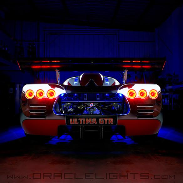 Rear end of an Ultima GTR with Surface Mount Tail Light Halo Kit installed.