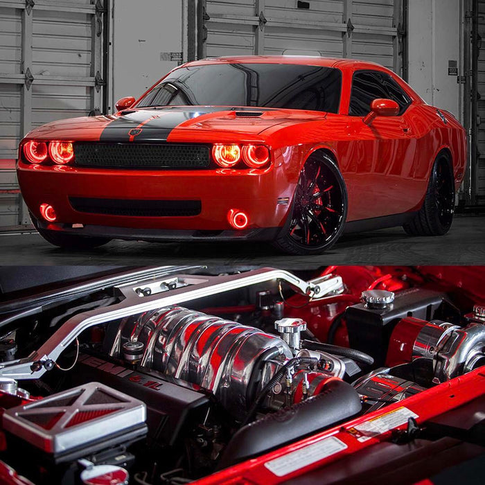 Three quarters view of a red Dodge Challenger with red LED headlight and fog light halo rings installed.