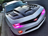 Front end of a Chevrolet Camaro with red LED headlight and fog light halos installed.