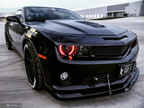 Front end of a Chevrolet Camaro with red LED headlight halo rings installed.