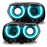 Dodge Challenger headlights with cyan DRLs.