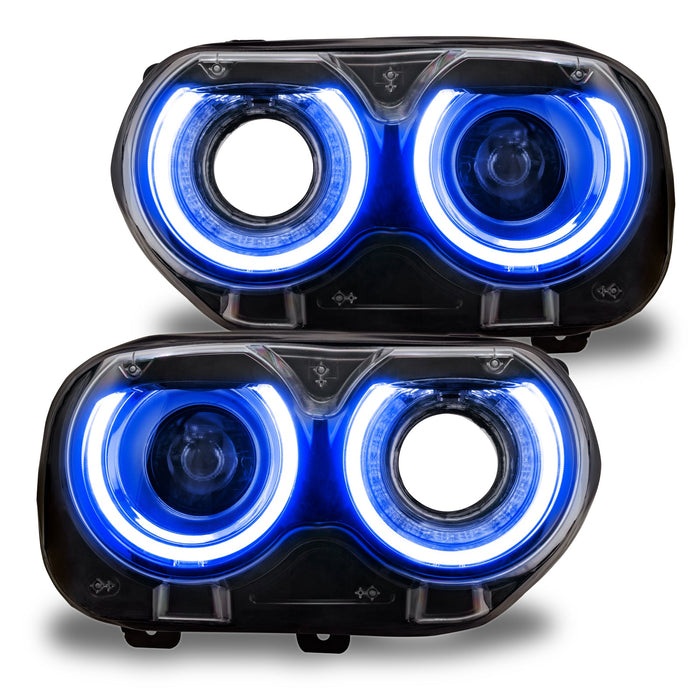 Dodge Challenger headlights with blue DRLs.