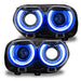 Dodge Challenger headlights with blue DRLs.