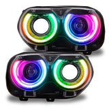 Dodge Challenger headlights with rainbow DRLs.