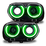 Dodge Challenger headlights with green DRLs.