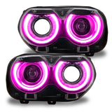 Dodge Challenger headlights with pink DRLs.