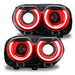 Dodge Challenger headlights with red DRLs.