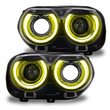 Dodge Challenger headlights with yellow DRLs.