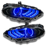 Ford Mustang headlights with blue halos and DRLs.