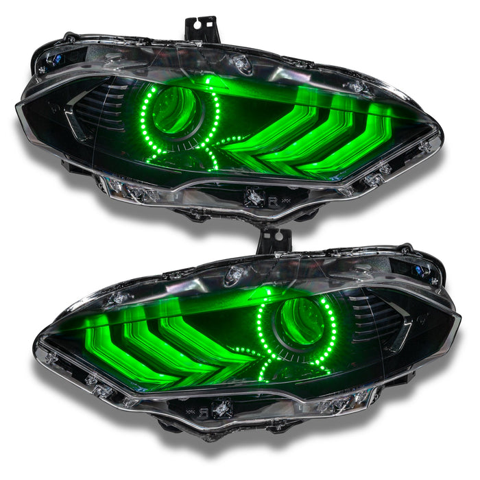 Ford Mustang headlights with green halos and DRLs.
