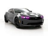 Three quarters view of a Chevrolet Camaro with pink headlight DRLs.