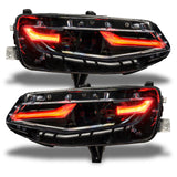 Chevrolet Camaro headlights with red DRLs.