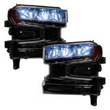 Chevrolet Silverado 1500 headlights with white demon eye projectors.