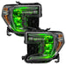 GMC Sierra 1500 headlights with green demon eye projectors.