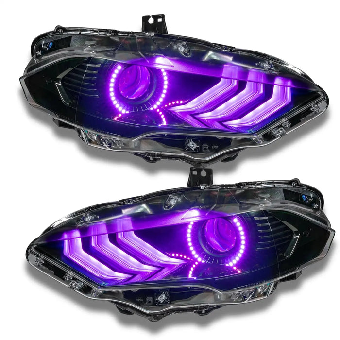Ford Mustang headlights with purple halos and DRLs.