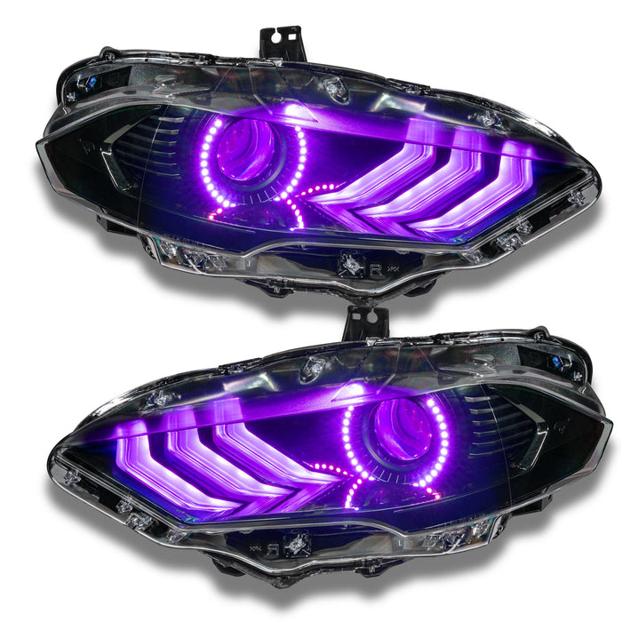 Ford Mustang headlights with purple halos and DRLs.