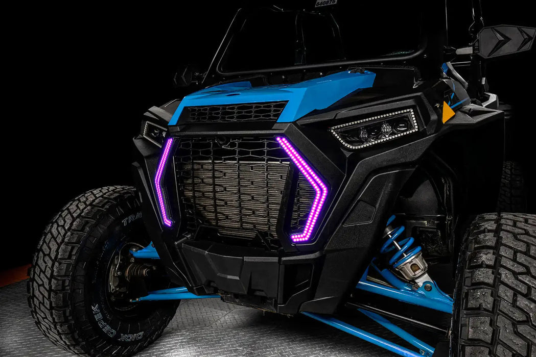 Angled view of Polaris RZR with purple DRLs