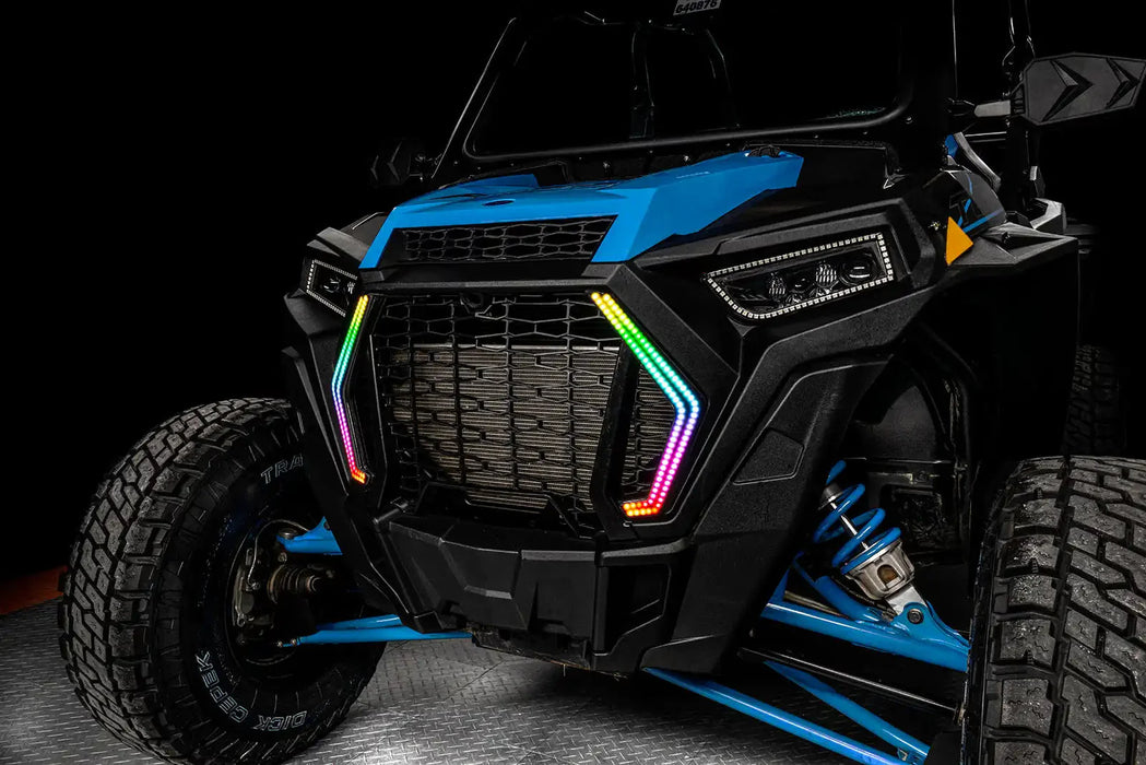 Angled view of Polaris RZR with rainbow DRLs