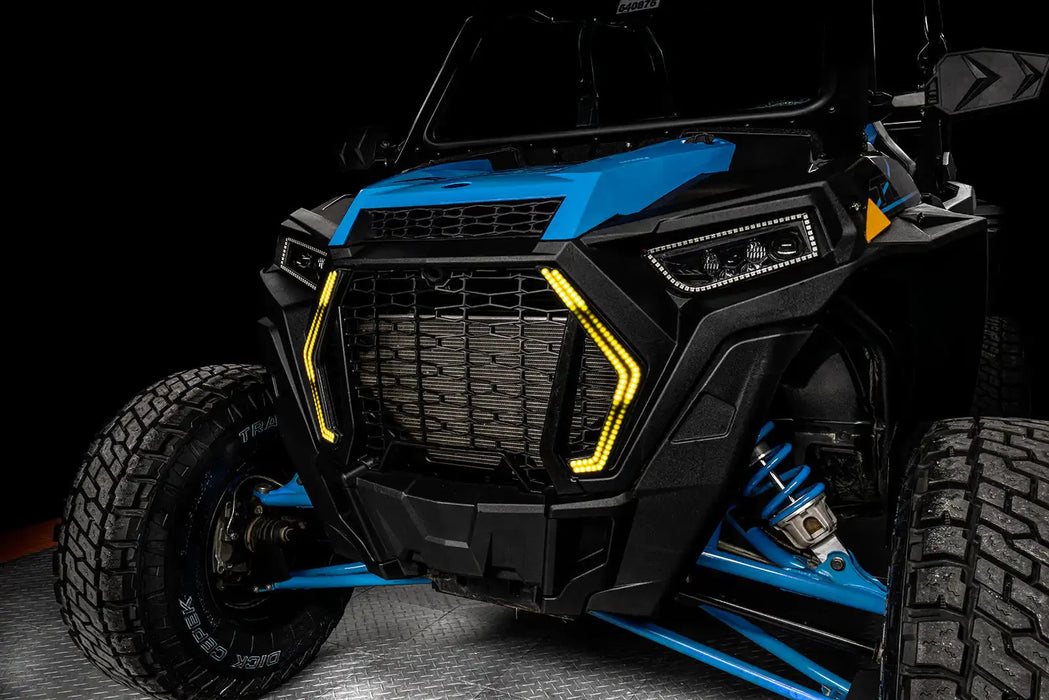 Angled view of Polaris RZR with yellow DRLs