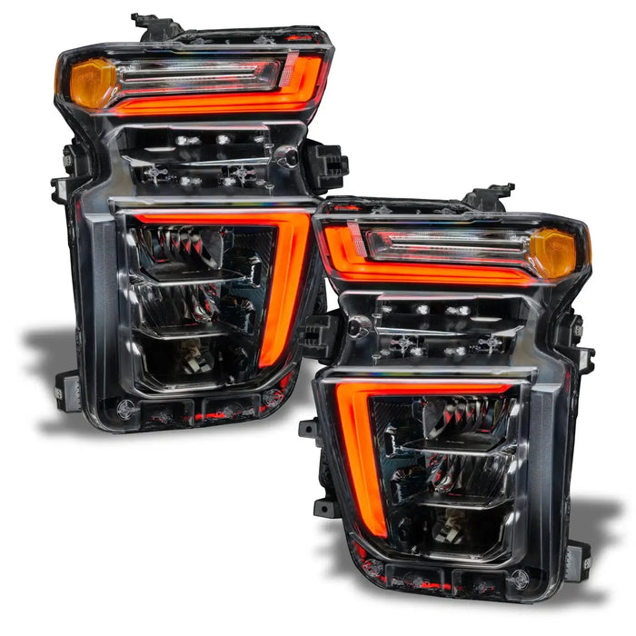 Chevrolet Silverado headlights with red DRLs.