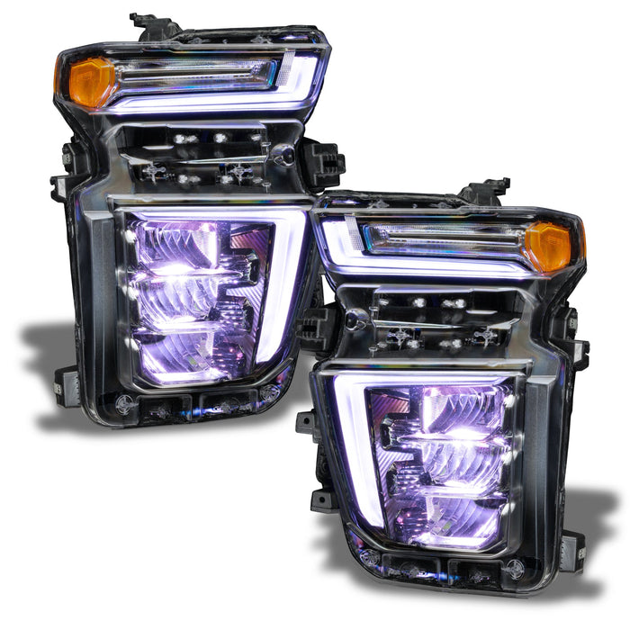Chevrolet Silverado headlights with white demon eye projector.