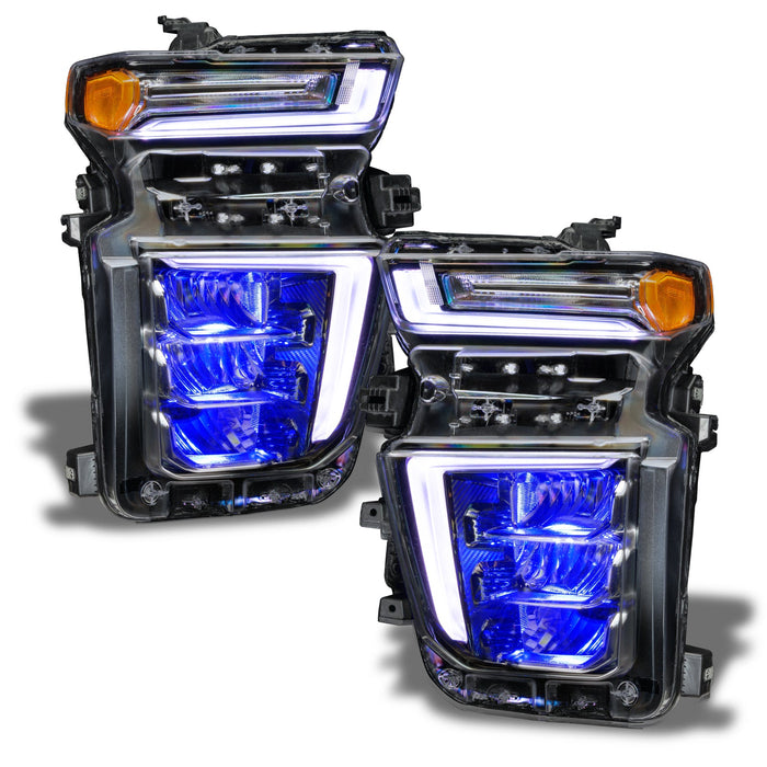 Chevrolet Silverado headlights with blue demon eye projector.