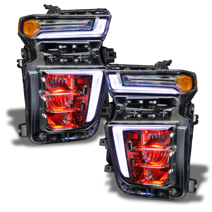 Chevrolet Silverado headlights with red demon eye projector.