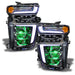 Chevrolet Silverado headlights with green demon eye projector.