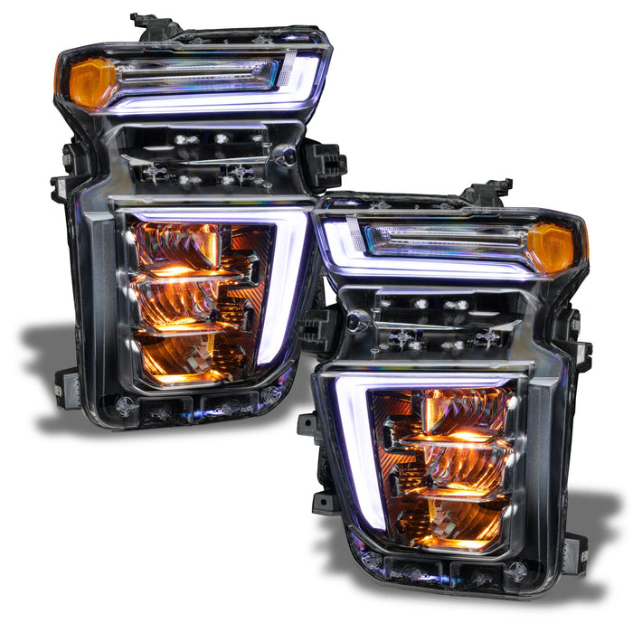 Chevrolet Silverado headlights with amber demon eye projector.