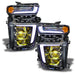 Chevrolet Silverado headlights with yellow demon eye projector.