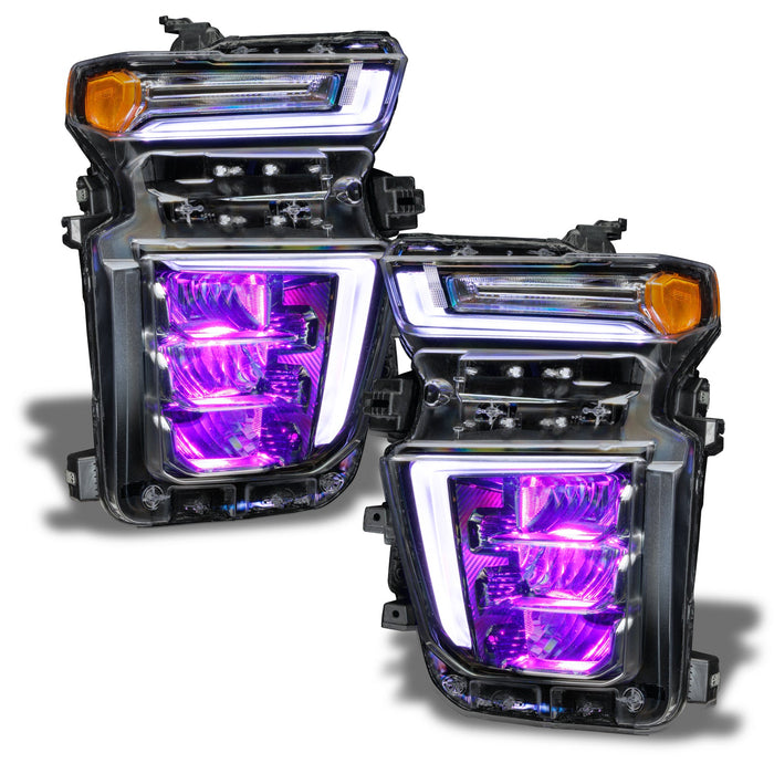 Chevrolet Silverado headlights with purple demon eye projector.