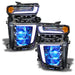 Chevrolet Silverado headlights with cyan demon eye projector.