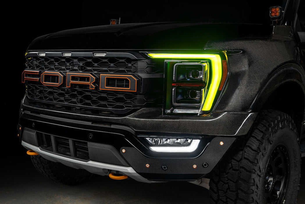 Front end of a Ford F-150 with yellow headlight DRLs