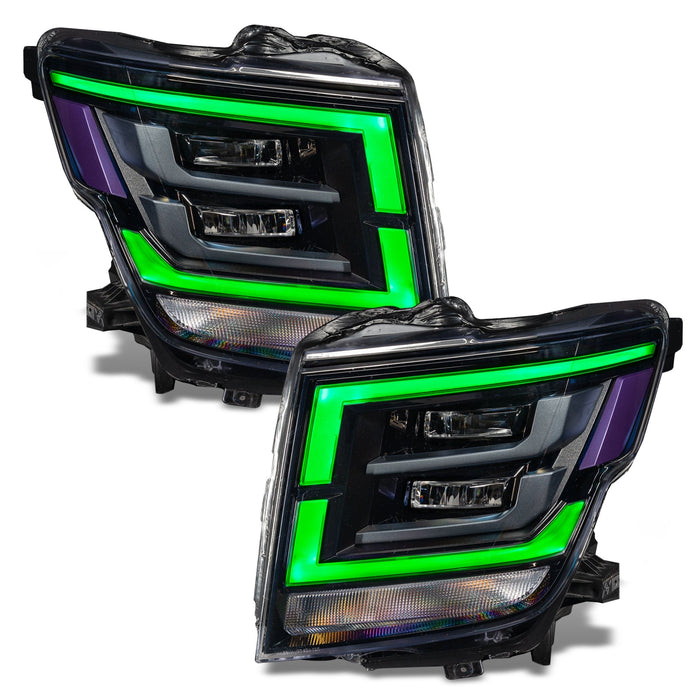 2021-2024 Nissan Titan headlights with green DRLs.