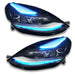 Tesla Model 3 headlights with cyan DRLs.