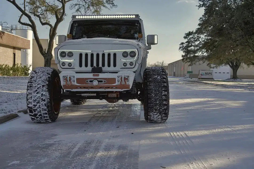 Front view of a Jeep Wrangler JK with LED Off-Road Side Mirrors installed.