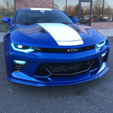 Blue Camaro with white DRLs.