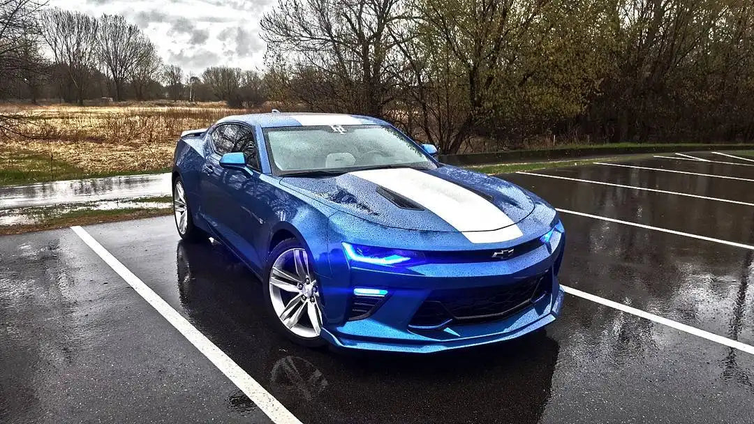 Blue Camaro with blue DRLs.