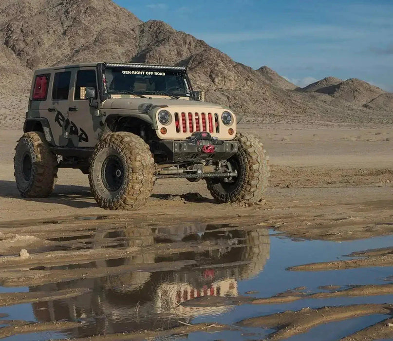 Three quarters view of a Jeep Wrangler JK with LED Off-Road Side Mirrors installed.